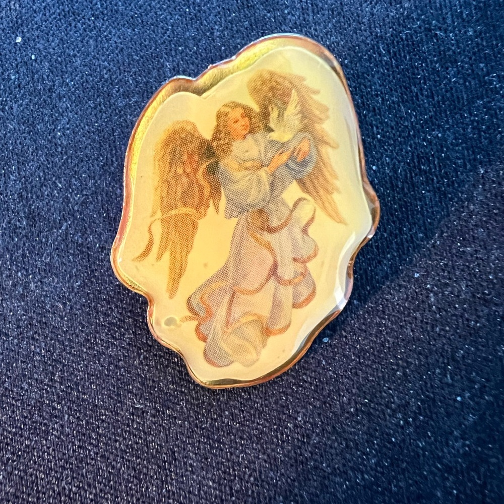 Vintage Guardian Angel Brooch Lapel Pin with Gold and Blue Accents